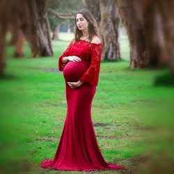 Yuanlar Maternity Off Shoulder Long Sleeve Chiffon Gown Split Front Maxi Photography Dress for Photo Shoot 